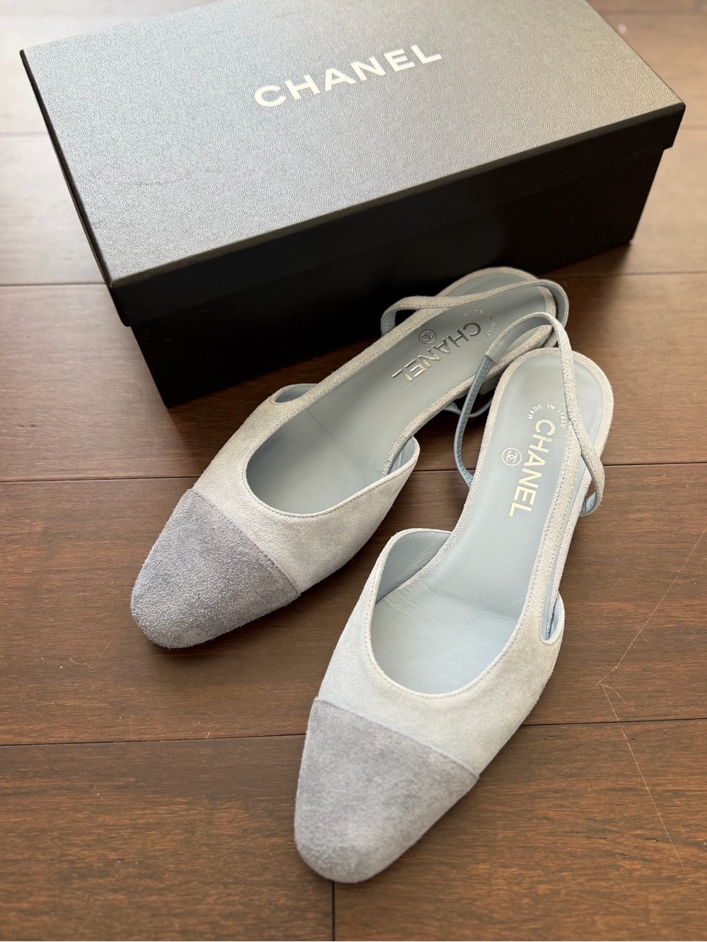 CHANEL Two-Tone Light blue Suede Slingback Flats